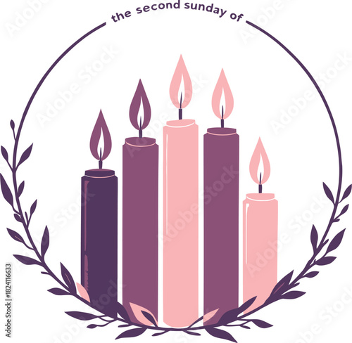 AdobeSecond Sunday of Advent with multicolored candles and leafy wreath Illustrator Artwork
