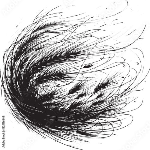 Dynamic Black and White Illustration of Wheat Ears in Flowing Mo