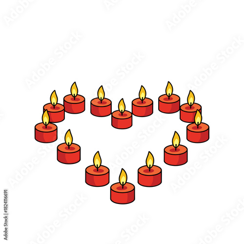 Heart-shaped arrangement of red candles with flames, romantic ambiance and celebration decor