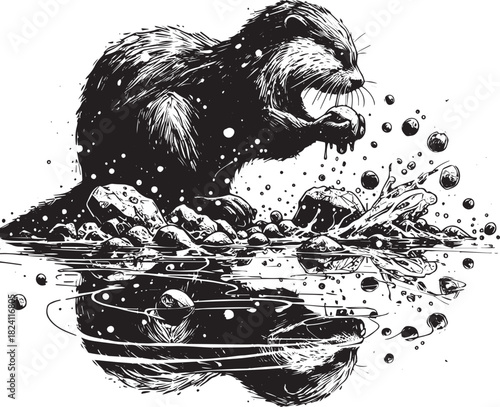 Monochrome otter illustration sculpting moonstones on a watery,