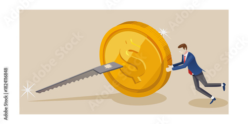 Businessman sawing a giant gold dollar coin in half