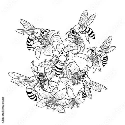 Bees Pollinating Flowers, nature illustration and biodiversity in ecosystem