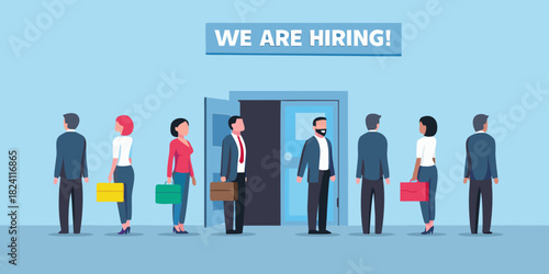 Diverse group of people waiting in line for job interviews