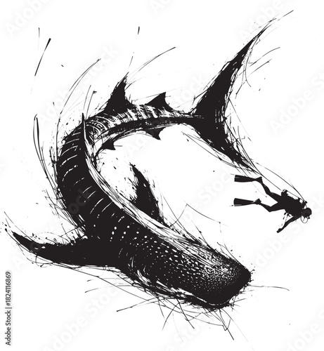 Abstract ink drawing of a whale shark slamming its tail near a d