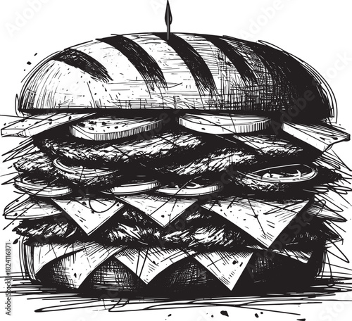 Monochrome Abstract Sketch of an Argentinian Milanesa Sandwich C