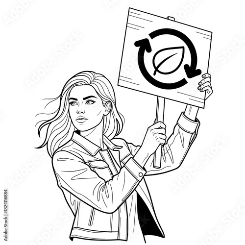 Woman holding recycling sign, environmental activism and sustainability awareness