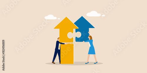 Business partners connect puzzle pieces to form upward arrows