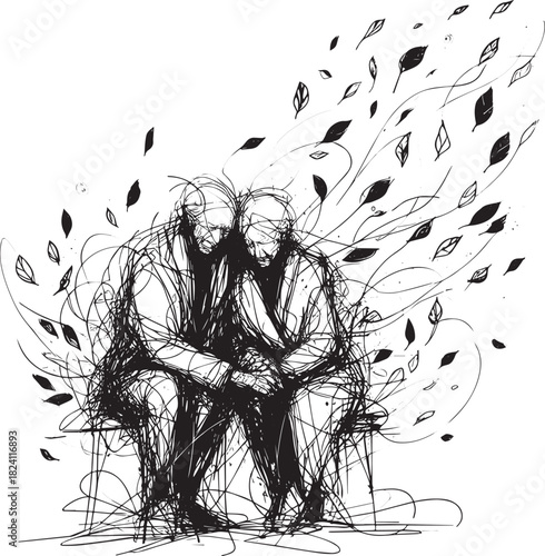 Abstract ink sketch of elderly couple embracing under swirling a
