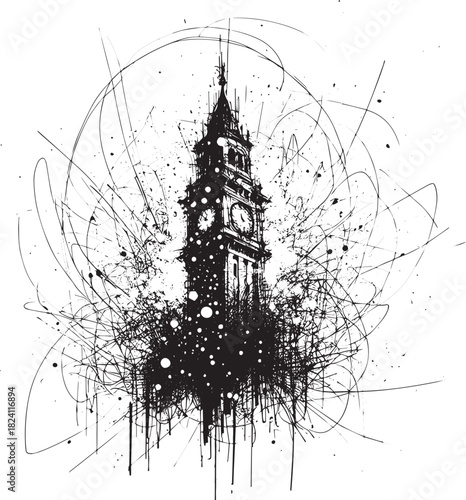 Abstract monochrome sketch of a clocktower with energetic expres