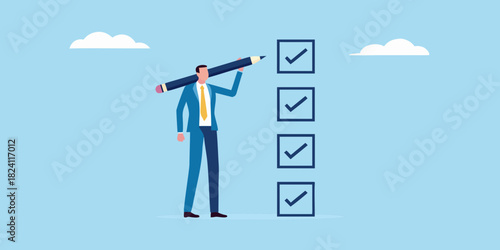 Businessman completing a checklist with a large pencil
