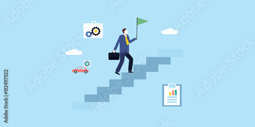 Businessman climbing stairs with flag towards success and goals