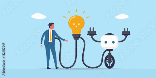 Businessman connects robot to bright idea lightbulb