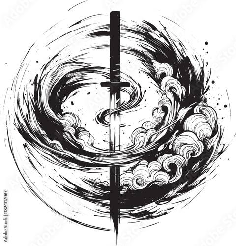 Monochromatic abstract illustration of a sword slashing through