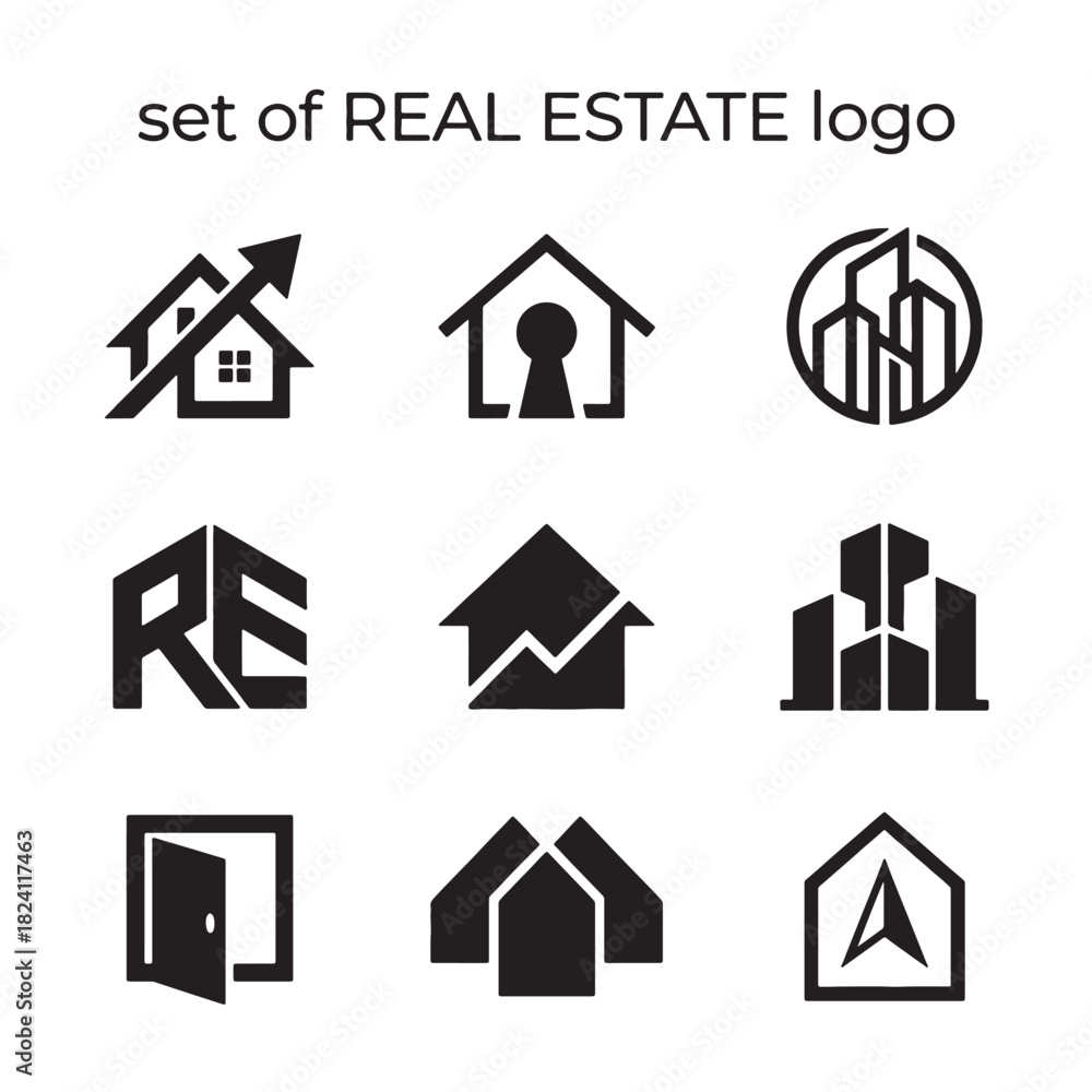 Fototapeta premium Modern Real Estate Logo Set with diverse House and Building Icon designs, a clean Vector collection perfect for Property Business branding, offering a professional and minimalist aesthetic.