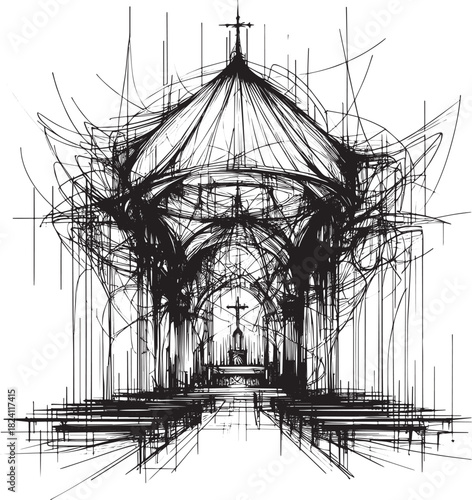 Abstract Architectural Sketch of Church Interior with Baldachin