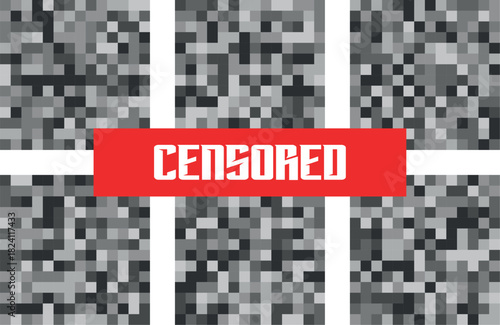 Censored content pixelated areas with red censored bar for sensitive or private information