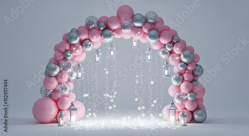 Balloon archway with pink and silver balloons and sparkle effects