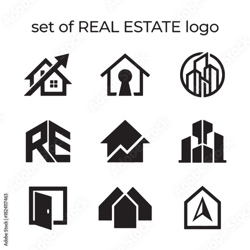Modern Real Estate Logo Set with diverse House and Building Icon designs, a clean Vector collection perfect for Property Business branding, offering a professional and minimalist aesthetic.