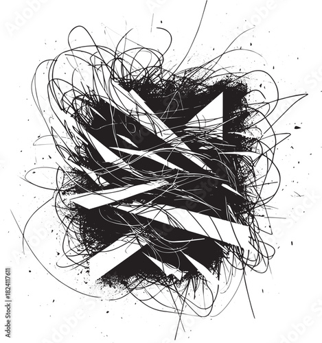 Abstract Black and White Composition with Chaotic Lines and Geom