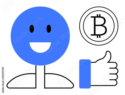 Bitcoin concept. Bitcoin as a digital currency symbol alongside a happy happy face and a thumbs-up. Bitcoin economy, cryptocurrency growth, and online transactions. For fintech, digital finance
