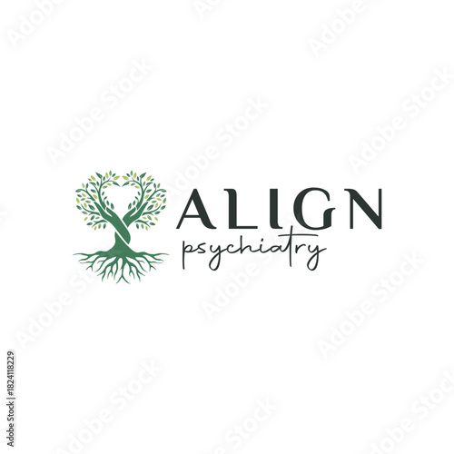 Align Psychiatry logo featuring a tree with heart-shaped branches and roots symbolizing mental health and well-being.