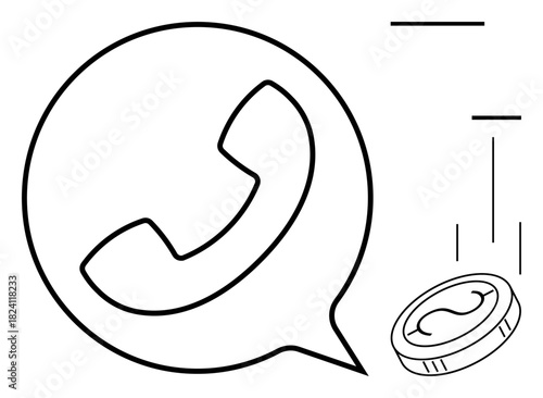 Speech bubble with phone icon and single coin illustrates communication and financial transactions. Ideal for telecom, cost-saving, finance, pricing strategy, contact options, VoIP services, simple