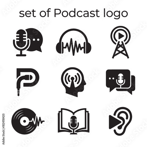 Versatile set of podcast icons for audio broadcast and digital communication. These vector microphone and headphones sound symbols are perfect for modern web and app design.