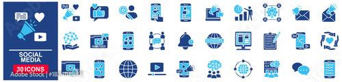 Social Media Web Icon Set in Blue style Flat. vector illustration concept relate to share, censoring, news, comment, communication, profile, app, buttons, graphic, marketing