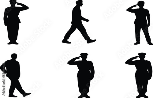 Military silhouette, saluting figure, walking pose, black graphic, vector illustration, formal gesture, discipline icon, uniform stance, attention symbolMilitary silhouette, saluting figure, 