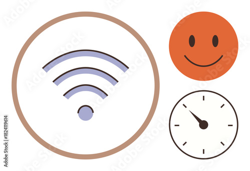 wireless signal icon, orange smiling face, analog clock symbolizing connectivity, positivity, and time. Ideal for communication, technology, efficiency, well-being balance productivity simple flat