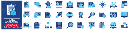 Data analytics set of web icons in Blue style Flat. vector illustration concept relate to analysis, business, chart, management, database,, computer, technology, growth 