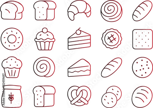A collection of line art icons representing various baked goods and pastry items, including bread, cakes, donuts, and croissants, isolated on white background