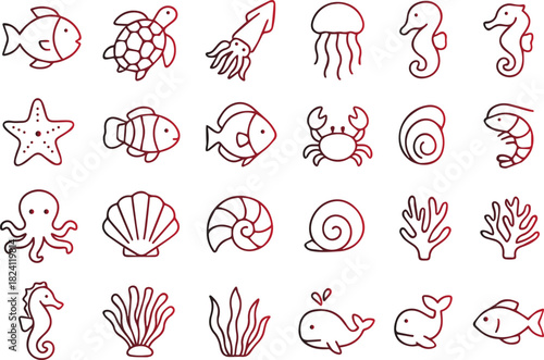 Collection of cute, simple black and white line art icons depicting various sea creatures and ocean life elements, isolated on white background