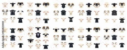 Cute cartoon farm animals heads vector illustration set: diverse sheep, ram, ewe, lamb, and goat faces isolated on white background.
