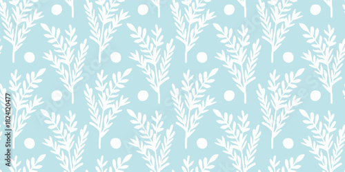 Seamless pattern on a blue background with hand-drawn winter plants and berries. Christmas plant pattern with silhouettes of evergreen plants and berries, for fabric design, wrapping, winter decor.