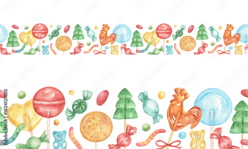 Fototapeta premium Seamless border of watercolor lollipops, candies, and gummy snakes and bears. Round lollipops and heart-shaped candies. Festive background of pink, yellow, blue candies for packaging, greetings.