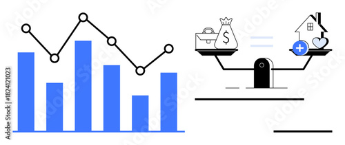 Financial data analysis. Vibrant bar and line graphs financial trends. Wealth management through weighing scales with assets. Ideal for analytics, finance tools, business, wealth planning