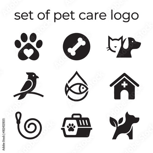 Modern Minimalist Set of Pet Animal Care Logo Vector Icon Design collection, featuring sleek black symbols for versatile branding.
