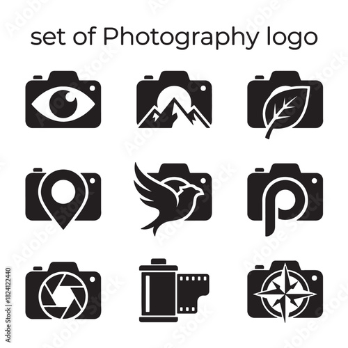 Modern Black and White Vector Set of Photography Camera Logo Icons for Creative Design Projects