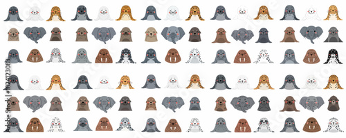 Cute seamless pattern featuring cartoon faces of marine and wild animals: seals, walruses, leopard, and elephant for childish design.