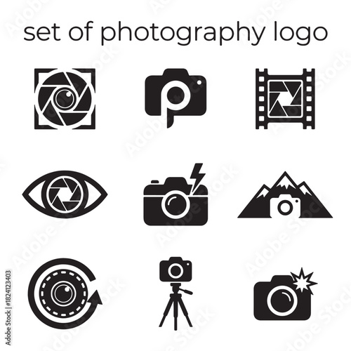 Set of modern black-and-white photography logo icon vector collection featuring diverse camera, aperture, and shutter design elements for creative branding.