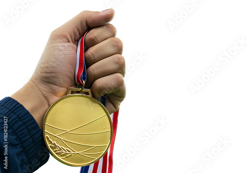 Hand holding golden medal symbol of victory and sport achievement