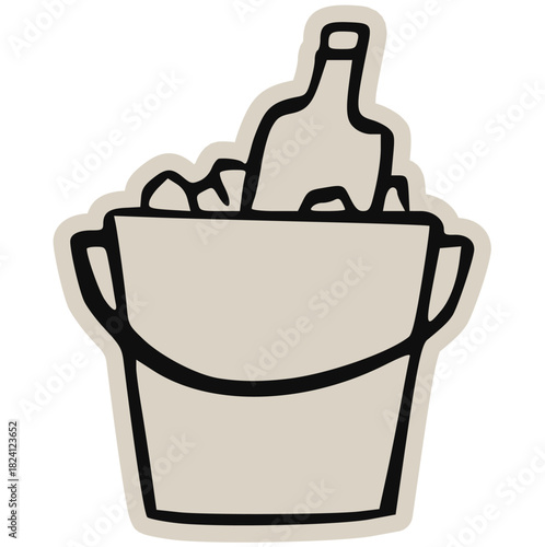 Hand Drawn Ice Bucket with Bottle Sticker Doodle Vector Illustration, Champagne Wine Cooler Chiller Icon Sketch, Simple Minimalist Party Celebration Element