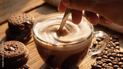 Wallpaper Mural Morning Coffee Ritual Stirring Cream into Espresso with Chocolate Cookies and Roasted Beans on Rustic Wooden Table a Cozy and Inviting Scene for Relaxation and Indulgence. Torontodigital.ca