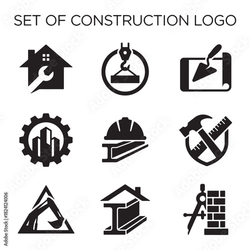 Comprehensive Set of Black Vector Construction Icons and Building Logos for Engineering, Architecture, Industrial Business Services, Perfect for Modern Design.