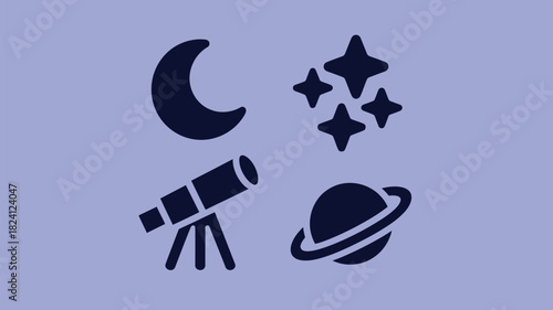 Illustration of moon stars telescope and saturn on a light blue background showing astronomy concepts
