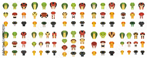 Collection of diverse cartoon snake heads and faces, including cobras, vipers, and pythons, featuring cute and colorful reptile avatars.