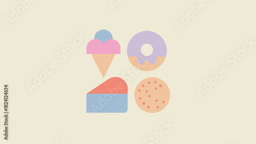 Illustration of ice cream donut cake and cookie on a beige background in pastel colors style art
