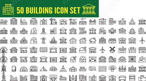 building and House ,Building icon set. Containing house, office, bank, school, hotel, shop, university and hospital icons Building icon set.