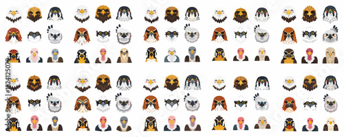 Cute Cartoon Bird of Prey Heads Collection: Flat Vector Icons of Eagles, Hawks, Falcons, and Vultures for Mascot or Avatar Design.